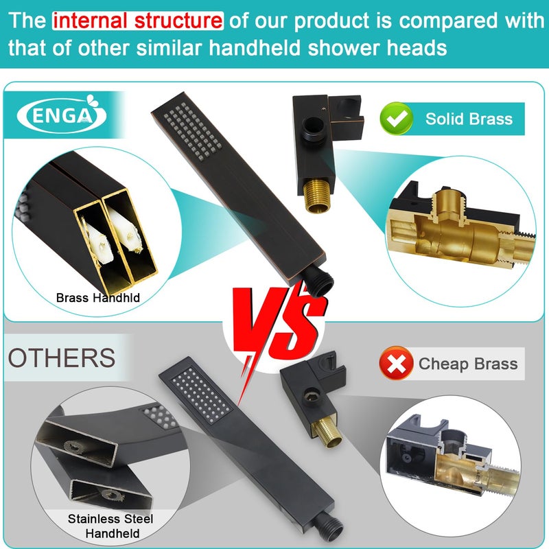 Enga Hand-held Shower Head Set - Oil Rubbed Bronze Brass Handheld Shower Wand with Wall Mount Adjustable Elbow Holder and 59inch Long Hose - Modern Rectangle Hand Shower High Pressure - Image 3